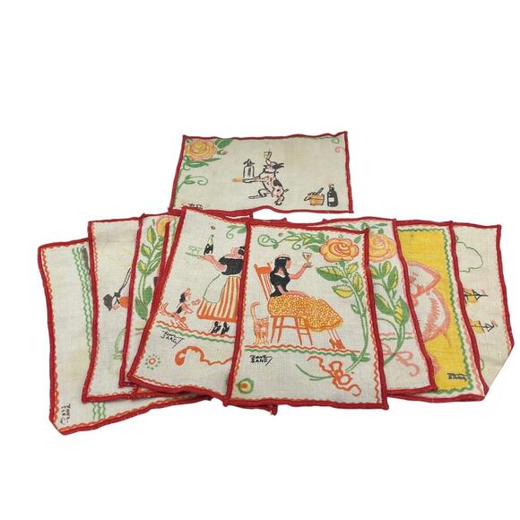 Tony Sarg Vintage 1930's Era Linen Cocktail Napkins Signed Set Of 10 - Picture 1 of 11